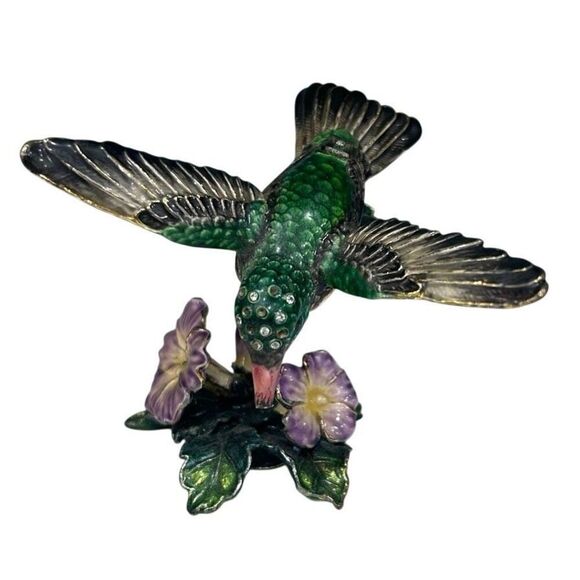 Hummingbird Flower Figurine Trinket Box Jeweled Metal Hinged Magnetic Colorful - Picture 1 of 11